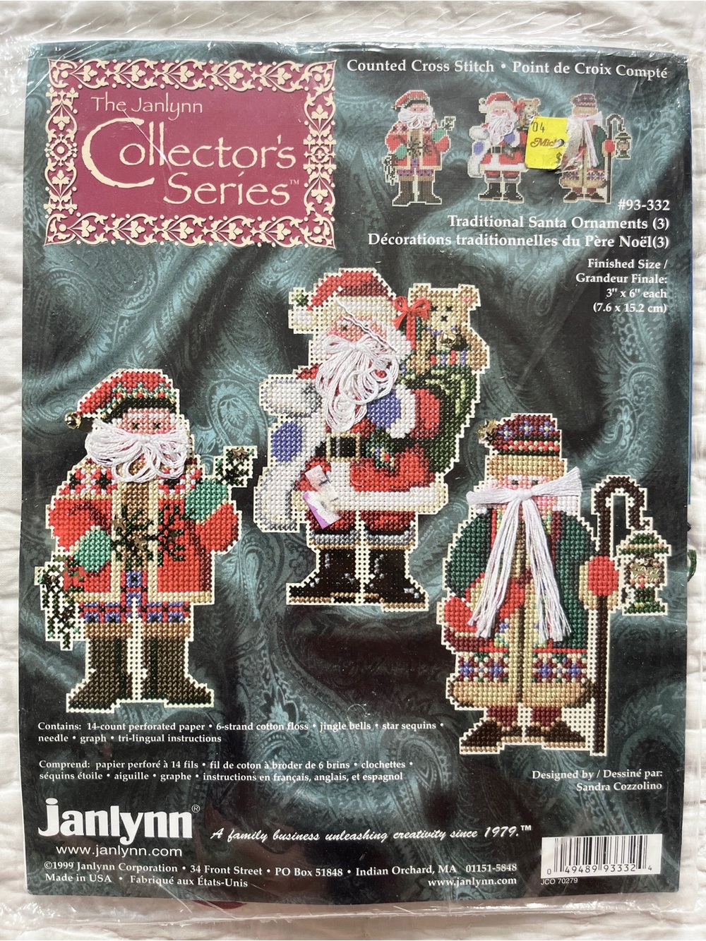 NEW Vtg Janlynn Counted Cross Stitch Kit Traditional Santa Ornaments Christmas